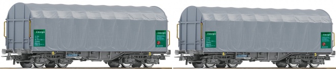 Set of 2 sliding tarpaulin cars in green Cargo livery<br /><a href='images/pictures/Roco/179173.jpg' target='_blank'>Full size image</a>